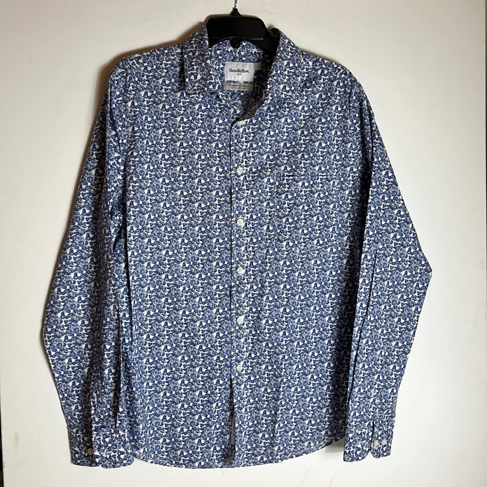 Goodfellow & Co Mens Standard Floral Blue White Print Dress Shirt Size Large